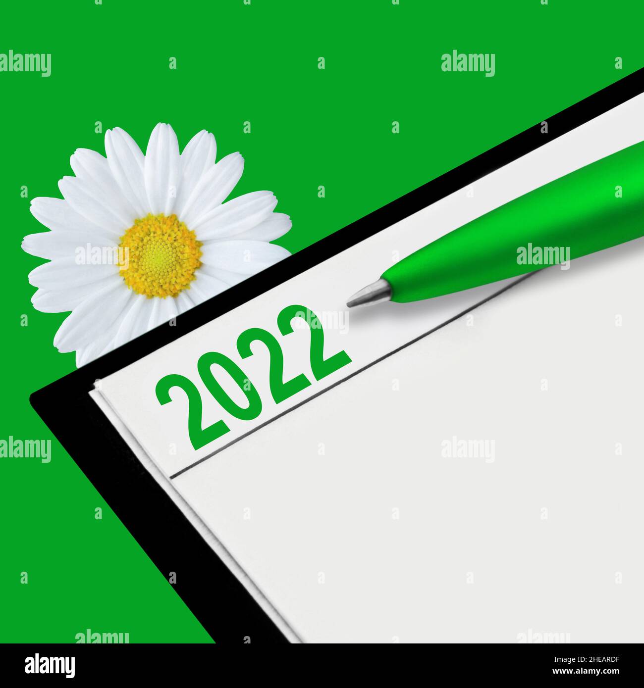 Buch und Kugelschreiber mit Blume vor grünem Hintergrund Stockfoto