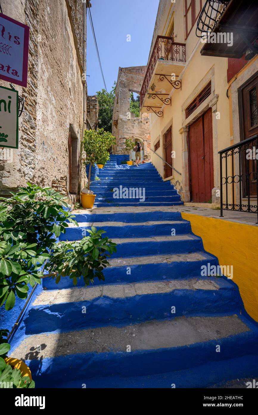 Symi in der Seitenstraße. Stockfoto