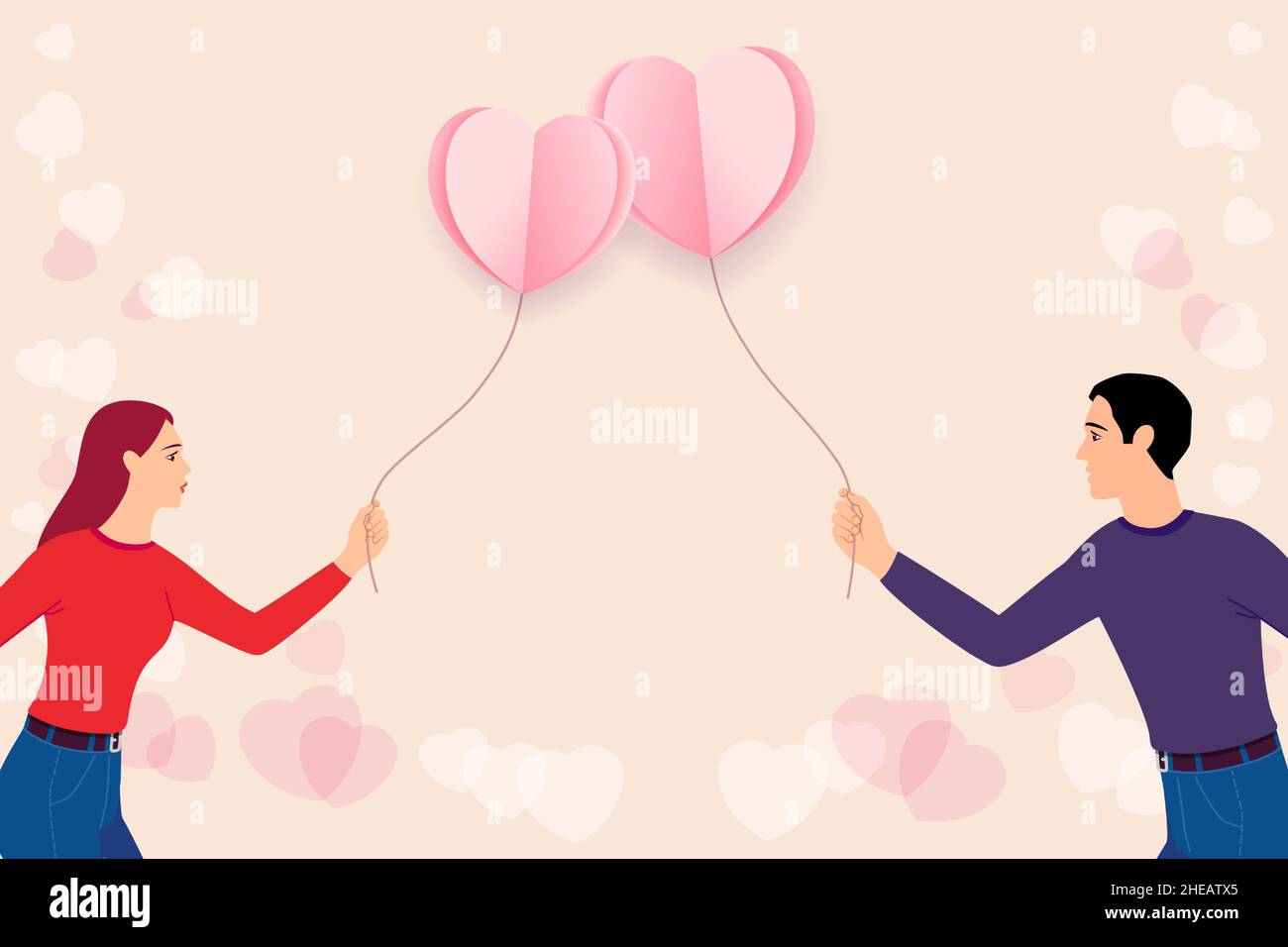 Mädchen und Jungen mit valentine Papier Herz Ballons fliegen. Liebe paar Vektor-Illustration für Valentinstag Design. Wallpaper, Flyer, Einladung Stock Vektor