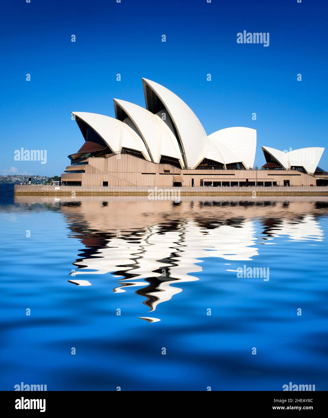 Das Opernhaus von Sydney spiegelt sich im Hafen von Sydney, Australien, wider Stockfoto