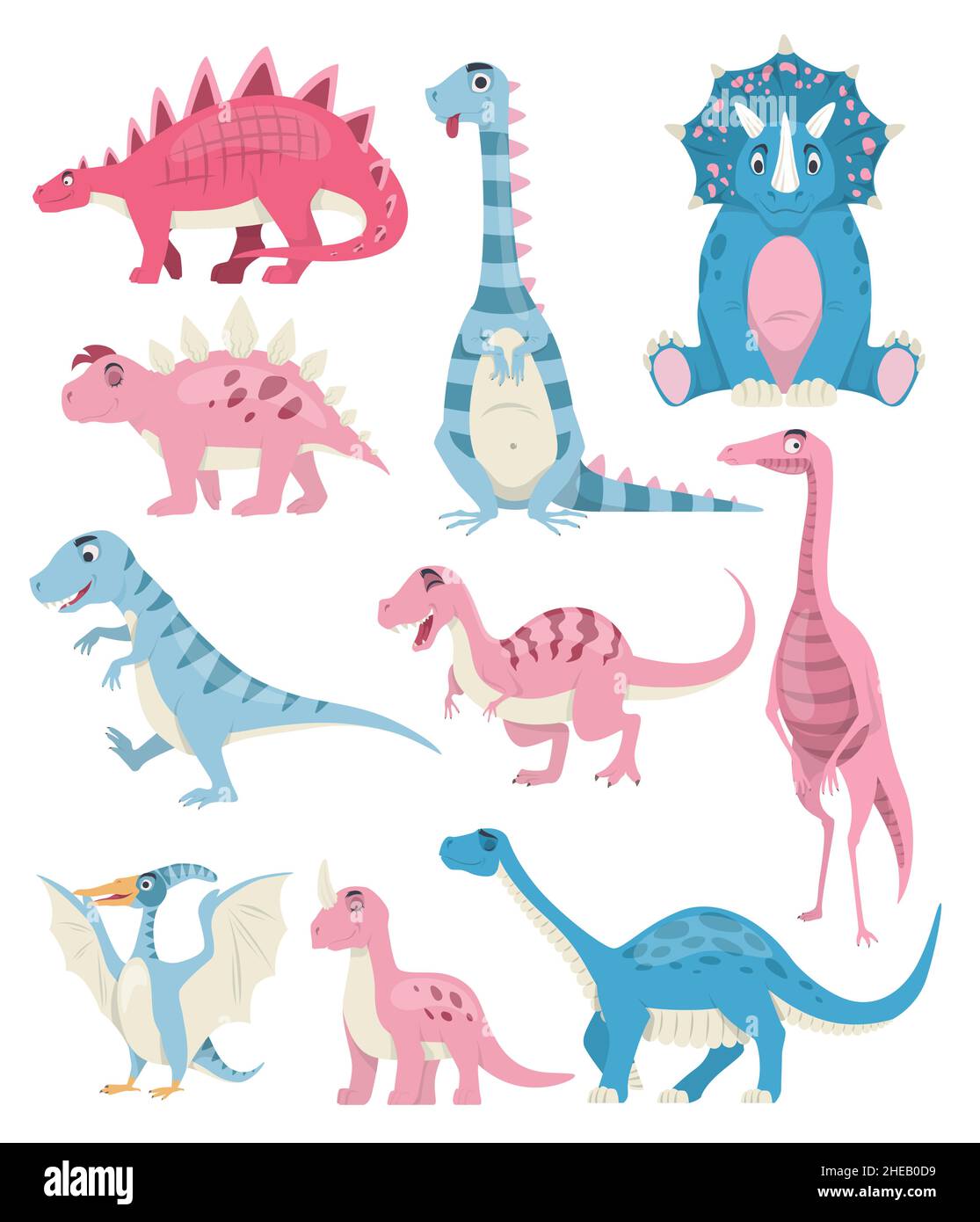 Dinosaurier Cartoon-Zeichensatz, Vektor isolierte Illustration. Niedliche rosa und blau Dino prähistorischen Tier, Spielzeug-Sammlung Stock Vektor
