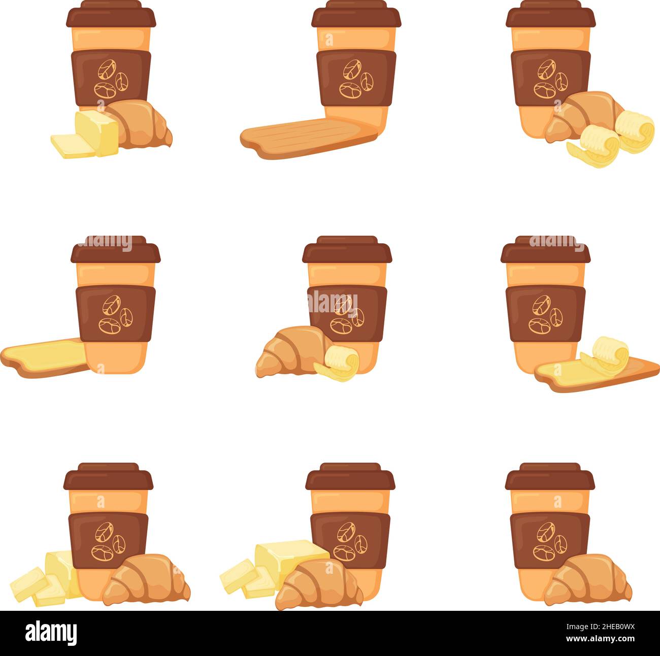 Französisch Croissant mit Kaffeetasse, Frühstück Butter Bäckerei Produkt-Symbol, Konzept Cartoon Bio-Getränk Lebensmittel Vektor-Illustration, isoliert auf weiß. Stock Vektor