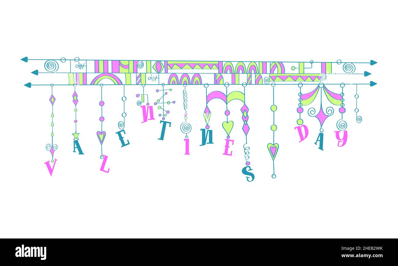 Valentinstag Zen baumelt, Zenspiration, Handzeichnung kritzelnd. Isolierter, weißer Hintergrund. Vektorgrafik Stock Vektor