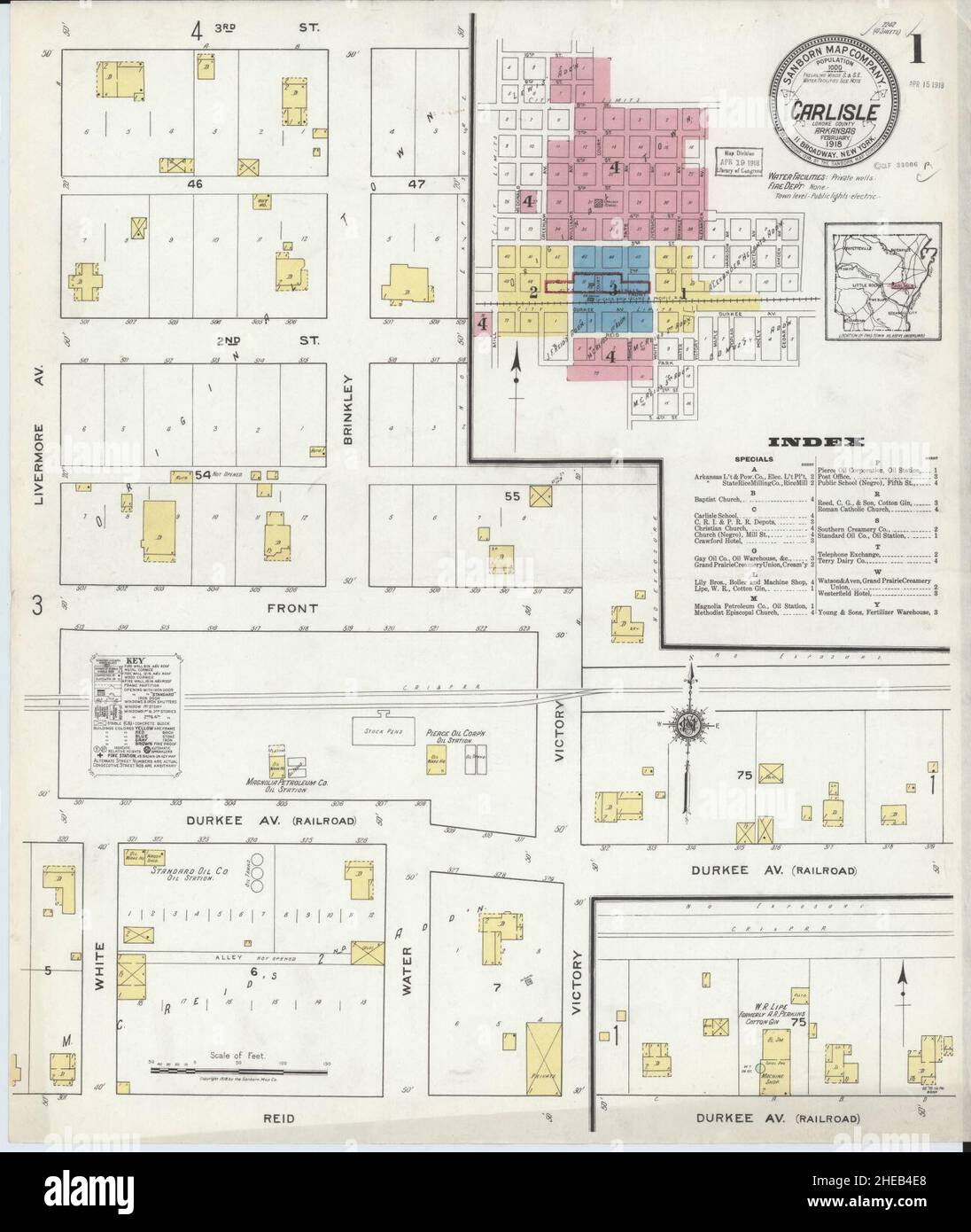 Sanborn Fire Insurance Map aus Carlisle, Lonoke County, Arkansas. Stockfoto