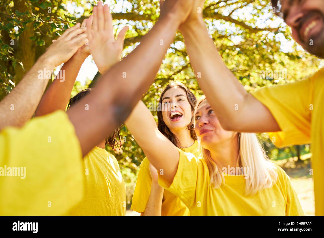 Das Team als Gruppe macht im Sommer hohe fünf für die Motivation beim Teambuilding-Training Stockfoto