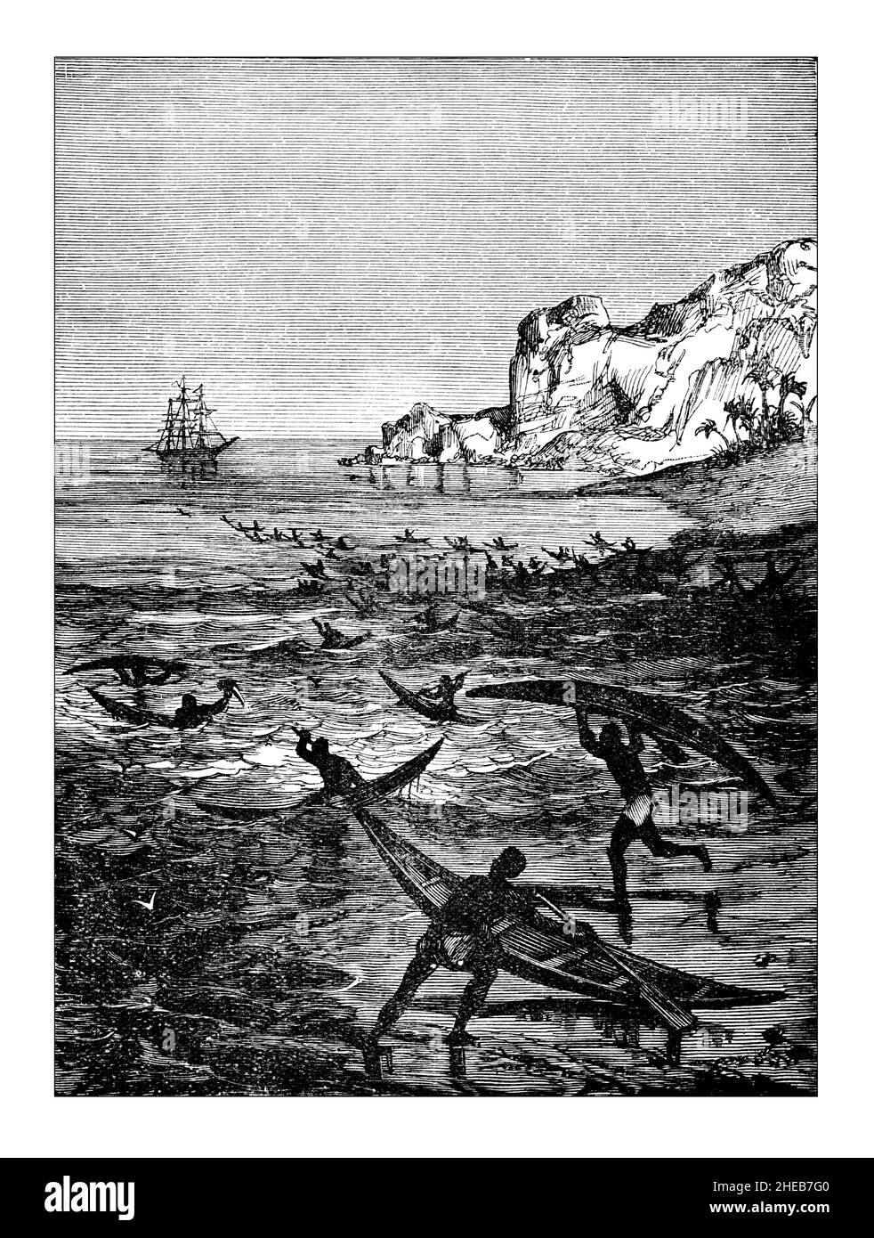 Äquatorialguinea-Ureinwohner an der Commi Coast, die sich aufmachen, um ein Schiff zu treffen, veröffentlicht 1900 von Swan Sonnenshein & Co, London Stockfoto
