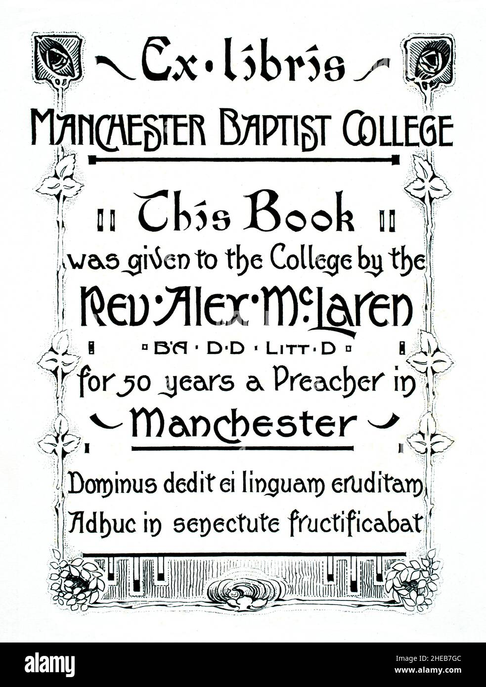 Exlibris im Jugendstil für Rev. Dr. Alex McLaren, überreicht an das Manchester Baptist College, um 50 Jahre Prediger zu feiern Stockfoto