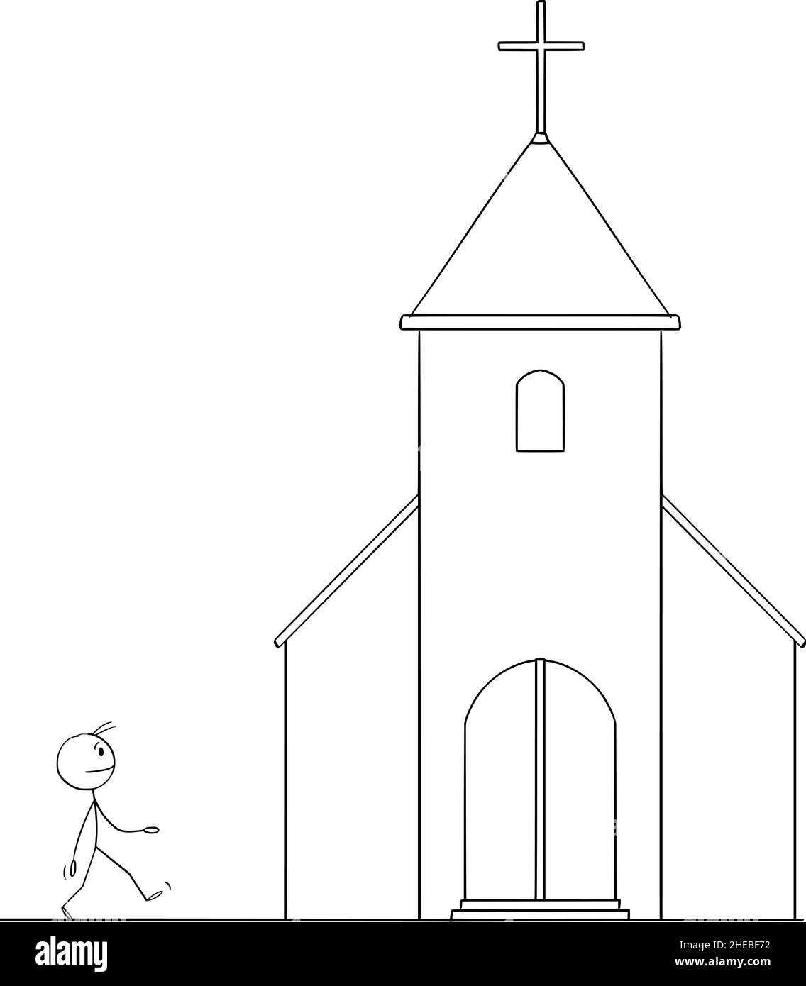 Person geht zur Kirche, Christentum und Glauben Konzept, Vektor Cartoon Stick Figur Illustration Stock Vektor