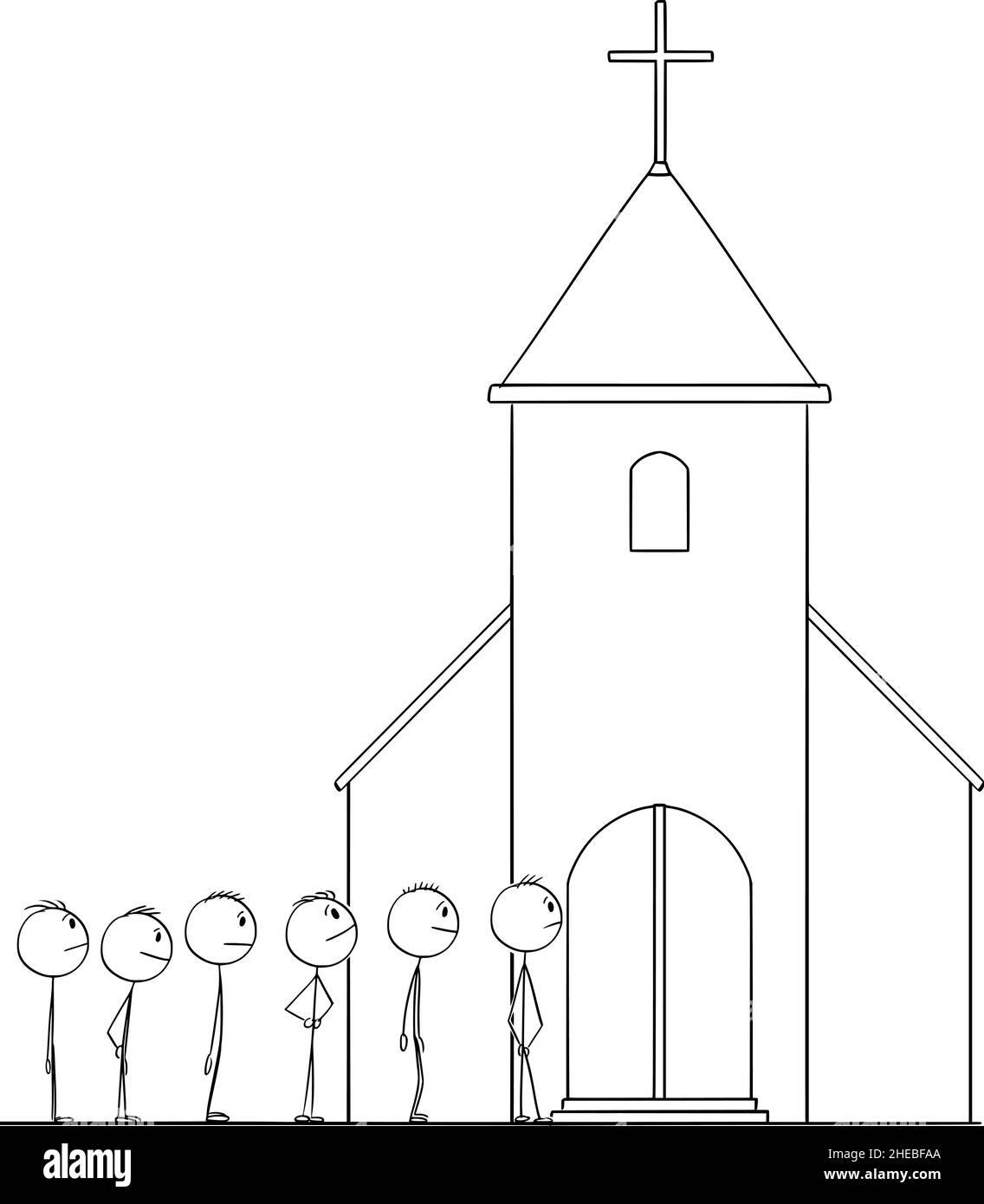 Menschen warten vor der Kirche, Christentum und Glauben Konzept, Vektor Cartoon Stick Figur Illustration Stock Vektor