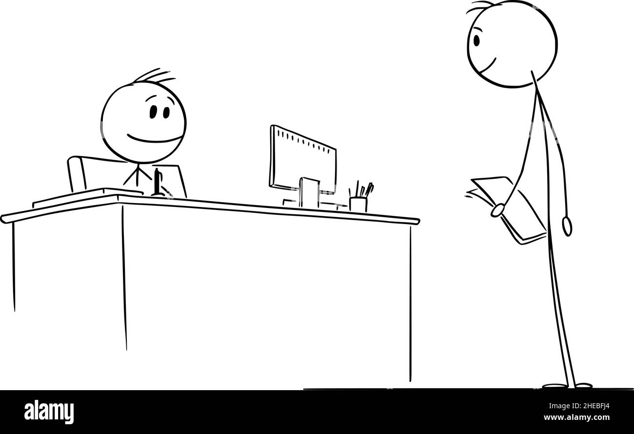 Person, die zum Boss, Staatsdiener, Büroangestellter oder Offizier geht, Vektorgrafik Cartoon Stick Abbildung Stock Vektor