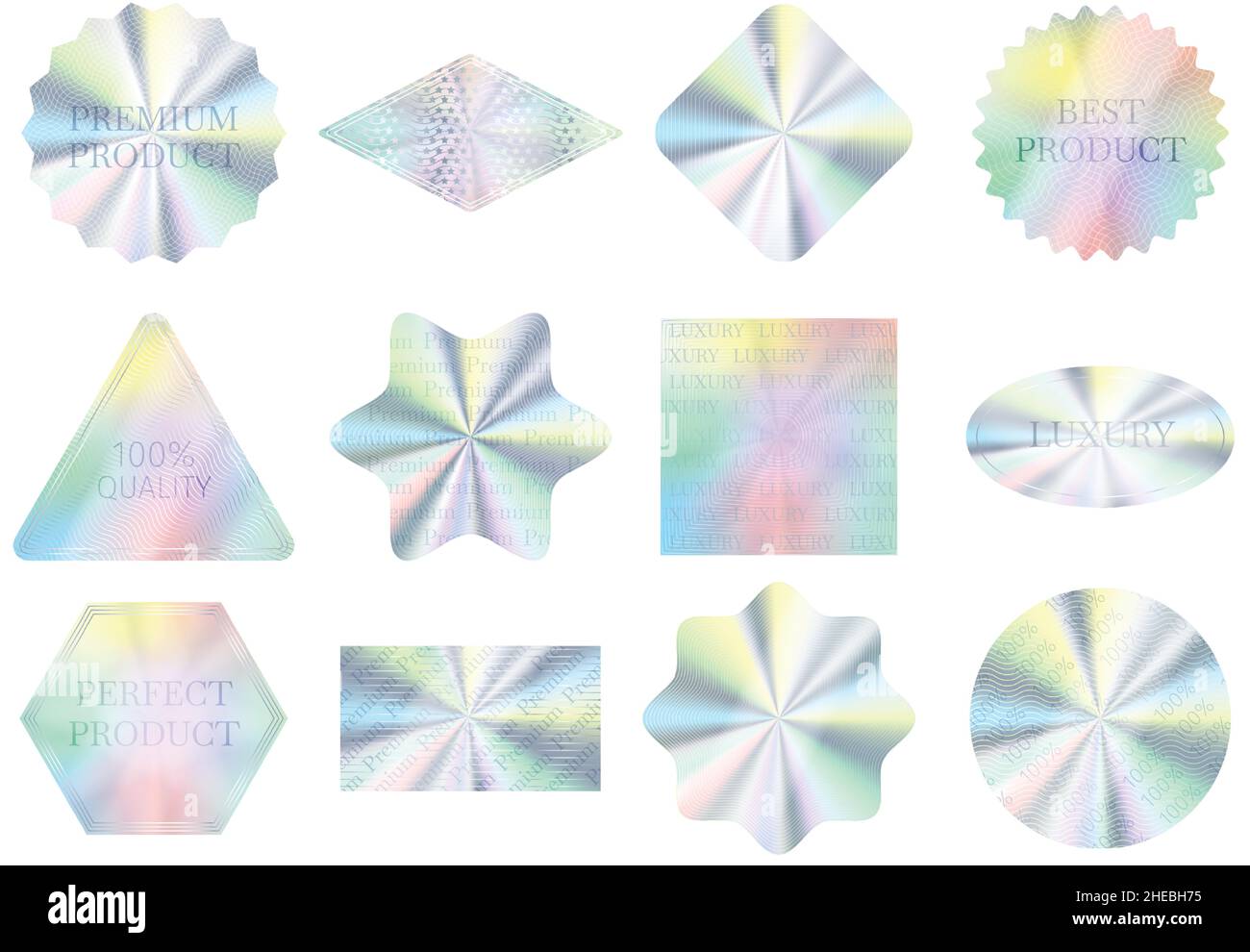 Holografische Qualitätsaufkleber, Hologramm Siegel Etiketten, Garantie Abzeichen. Silber Zertifikat Dichtungen in verschiedenen Formen, Qualität Aufkleber Vektor-Set. Realistische Foliengradientenelemente auf Weiß isoliert Stock Vektor