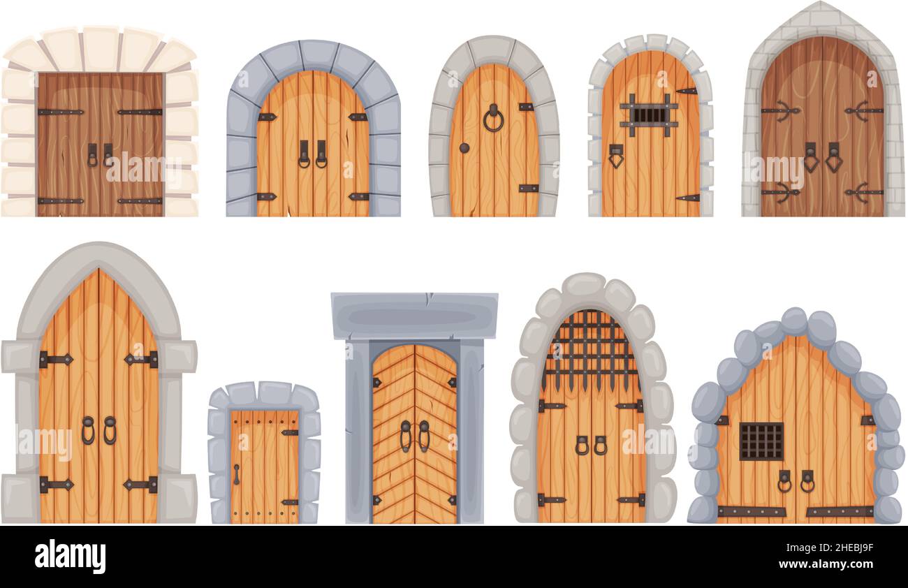 Cartoon mittelalterliche Burg Eingangstore und Dungeon Tür. Alte Holztüren mit Steinumrandung, alte Schlösser Tür oder Tor Vektor-Set. Märchenhafte gotische Bogentüren für historisches Gebäude Stock Vektor