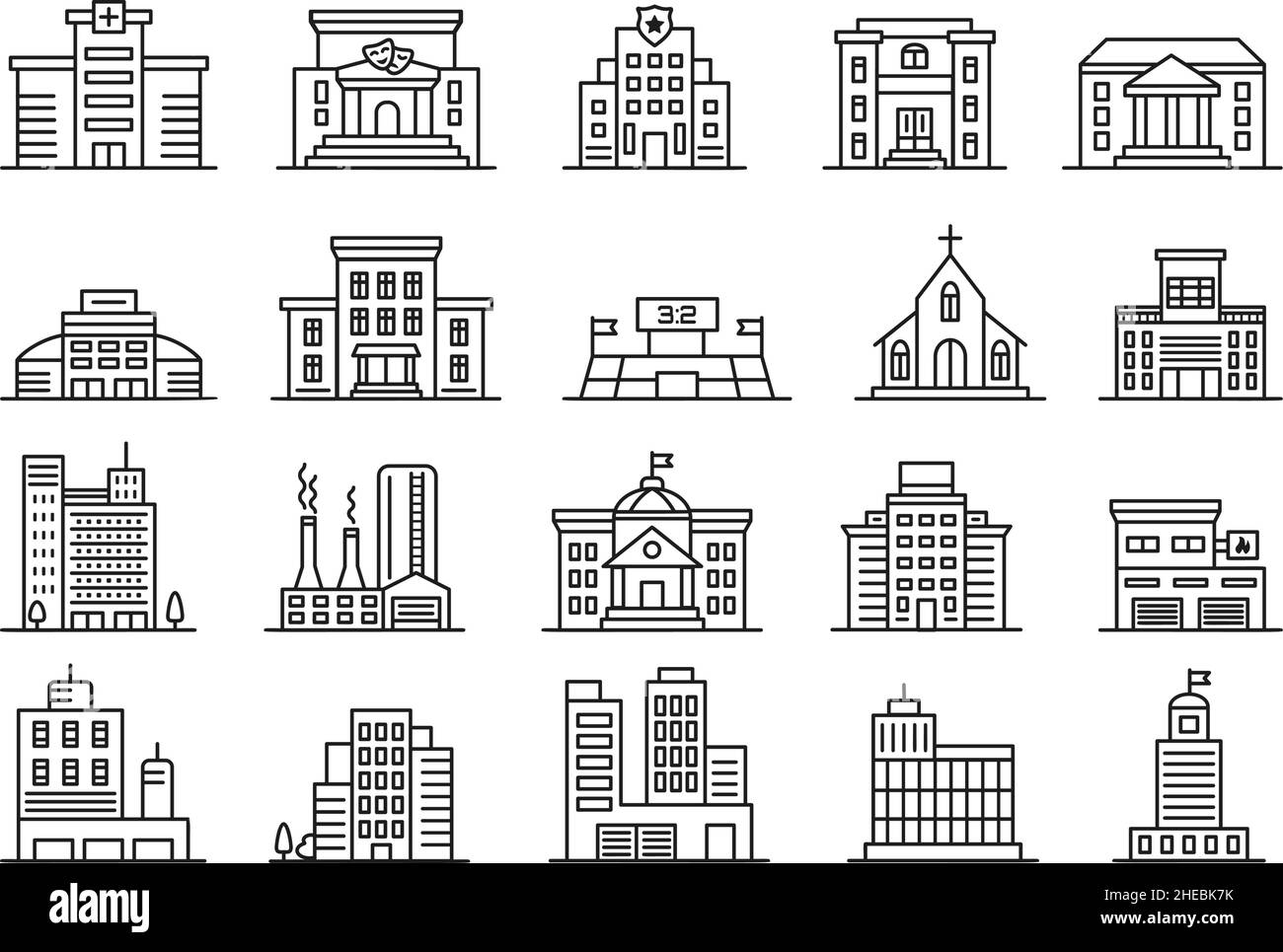 Symbol für das Stadtgebäude, Stadion, Café, Regierung, Hotel, bank, Krankenhaus. Büro- und Mehrfamilienhäuser, Stadtarchitektur Linie Symbol Vektor gesetzt. Historisches Theater und Museum isoliert auf Weiß Stock Vektor