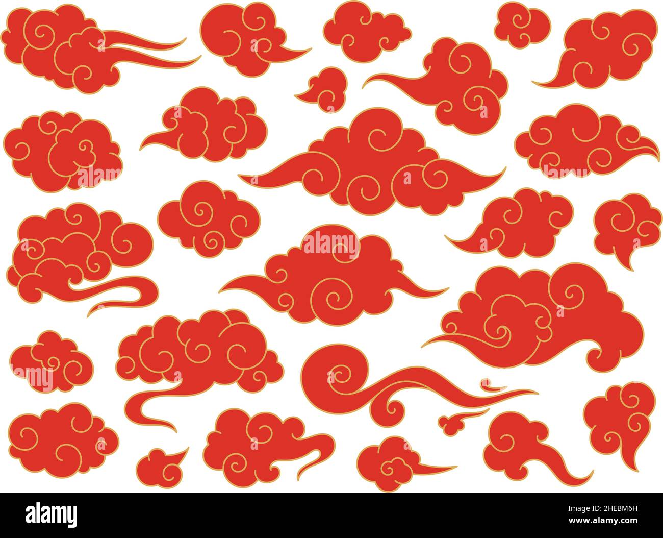 Rote chinesische Wolken, japanische orientalische Wolkenkritze. Asiatische traditionelle festliche Ornamente, japan dekorative Himmel Elemente Vektor-Set. Wind weht, Wetterbedingungen Cartoon-Symbole Stock Vektor