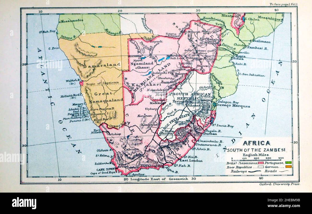 Karte von Afrika südlich der Zambesi der Zambezi-Fluss (auch Zambeze und Zambesi geschrieben) aus dem 1897 gedruckten Buch HISTORISCHE GEOGRAPHIE DER BRITISCHEN KOLONIEN Stockfoto