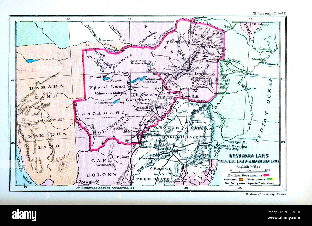 Bechuanaland Protectorate, Matabeleland und Mashonaland aus dem 1897 gedruckten Buch HISTORISCHE GEOGRAPHIE DER BRITISCHEN KOLONIEN Stockfoto