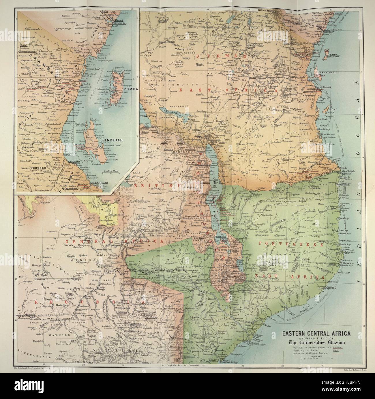 Portugiesische Ostafrika und deutsche Ostafrika Karte 1885 mit Markierungen von Missionen aus dem Buch "die Geschichte der Universitäts-Mission in Zentralafrika, 1859-1898" von Anne Elizabeth Mary Anderson Morshead, Universities' Mission in Zentralafrika 1899 Stockfoto