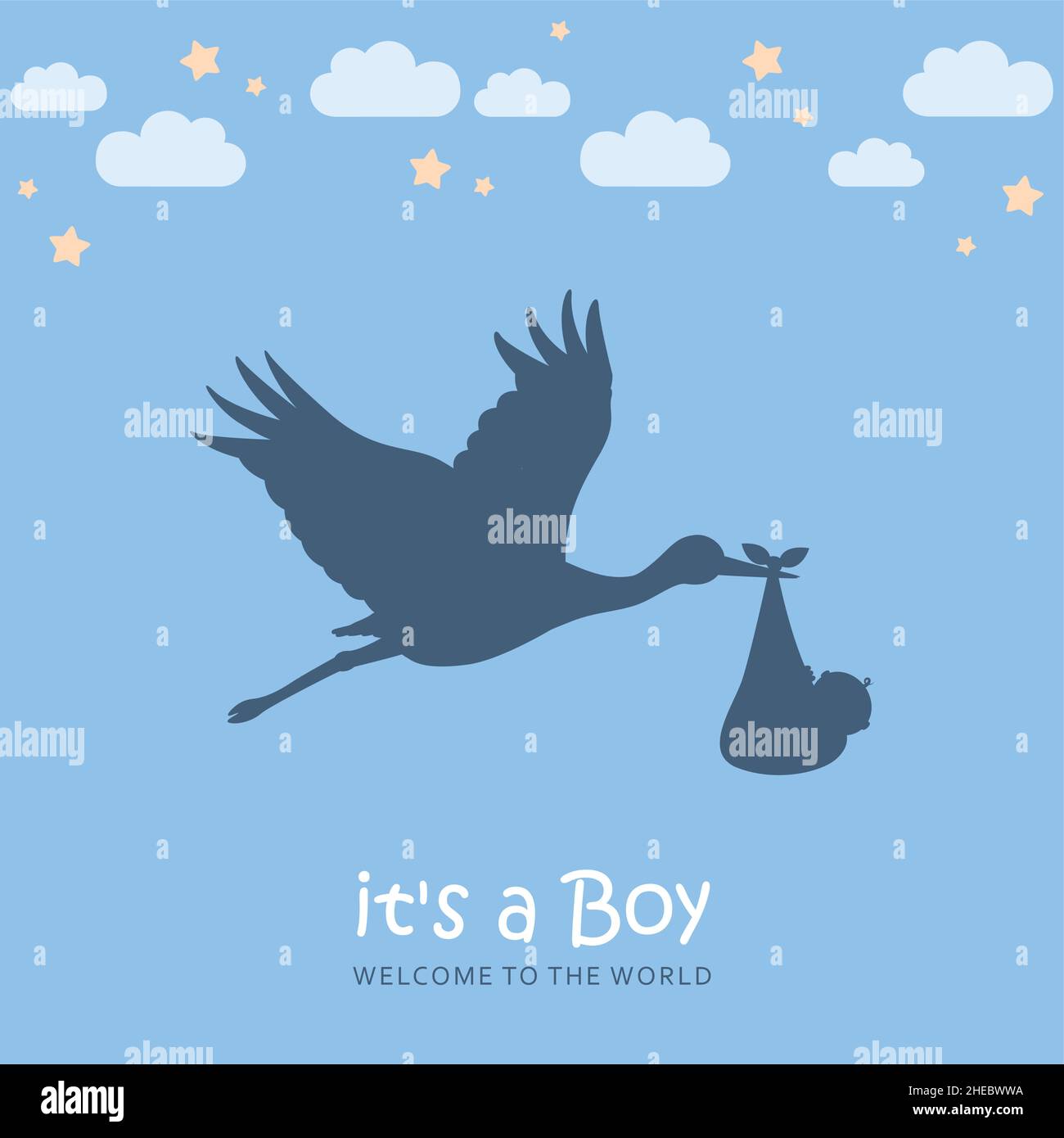 Baby Grußkarte mit Cartoon Storch mit neugeborenen Jungen Stock Vektor