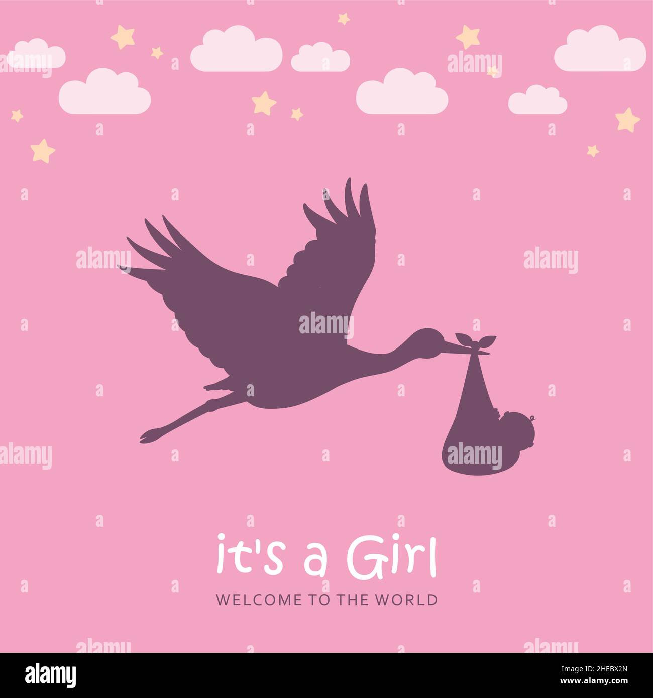 Baby Grußkarte mit Cartoon Storch mit neugeborenen Mädchen Stock Vektor