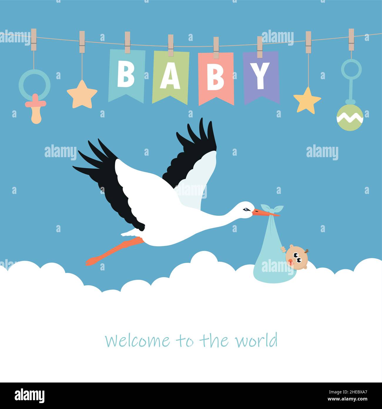 Grußkarte für Babys mit Storch und Partyflagge Stock Vektor