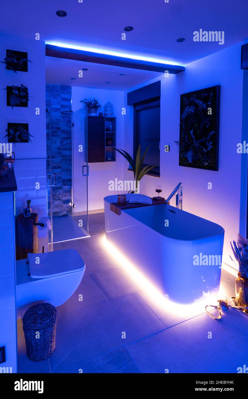 Modernes Badezimmer mit freistehender Badewanne, modernen Armaturen und LED-Umgebungsbeleuchtung Stockfoto