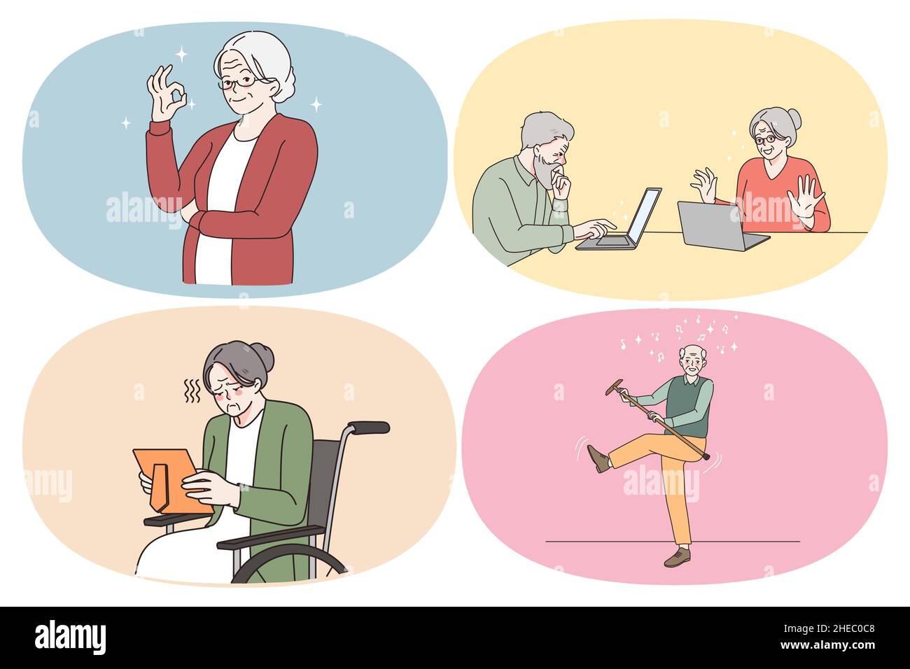 Lebenssituationen der Rentner Konzept. Gruppe von erwachsenen Menschen Großeltern zeigen ok Zeichen spielen mit Stick lernen Online-Chat und Laptop und Gefühl einsam Blick auf Foto-Vektor-Illustration Stock Vektor