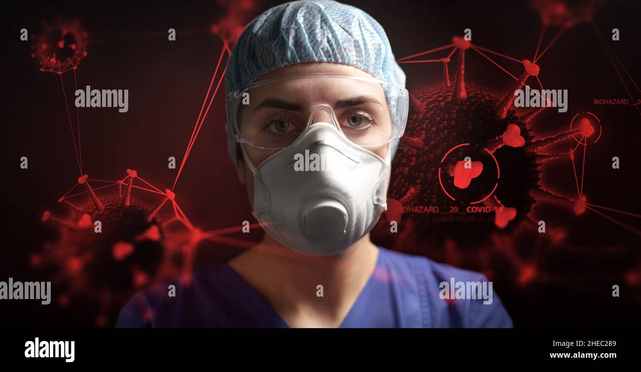 Arzt in Brillen und Atemschutzmaske über Coronavirus Stockfoto