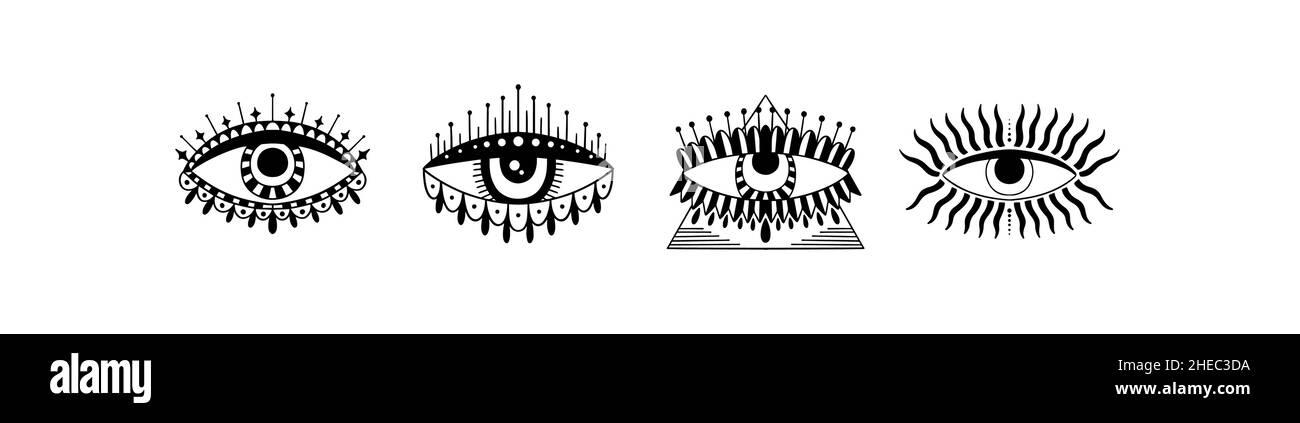 Böse sehende Augen Symbol gesetzt. Okkultes mystisches Emblem, grafisches Design Tattoo. Esoterische Zeichen Alchemie, dekorativen Stil, Vorsehung Anblick. Stock Vektor