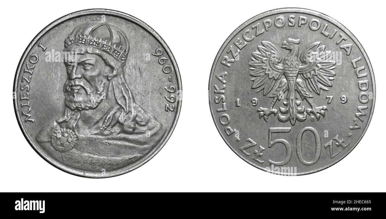 50 Polnische Zloty zł Mieszko I Münze auf weißem, isoliertem Hintergrund Stockfoto