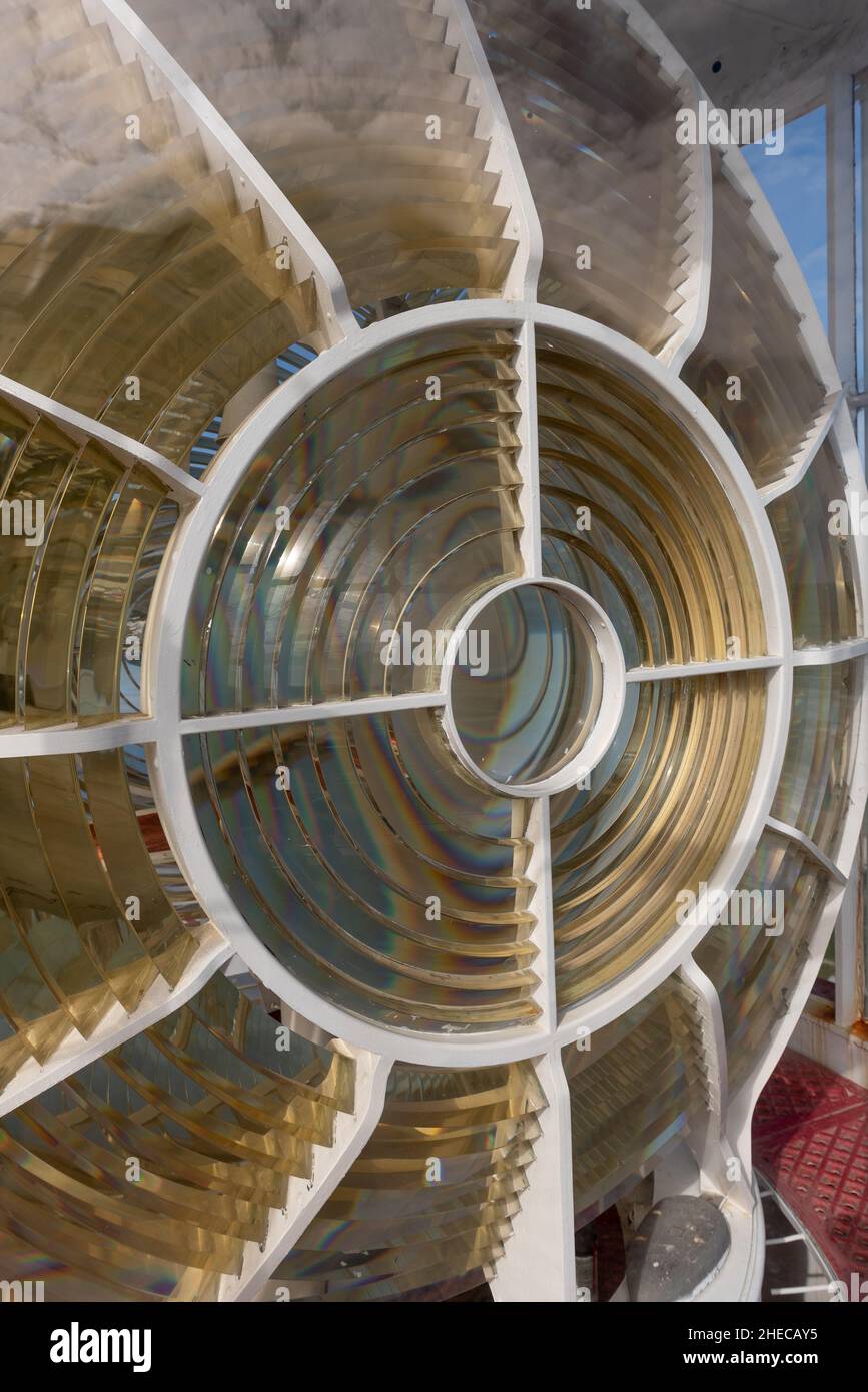 Detail der Fresnellinse des Cape Agulhas Lighthouse an der südlichsten Spitze Afrikas, Cape Agulhas Western Cape, Südafrika, 30. Dezember 2021. Stockfoto