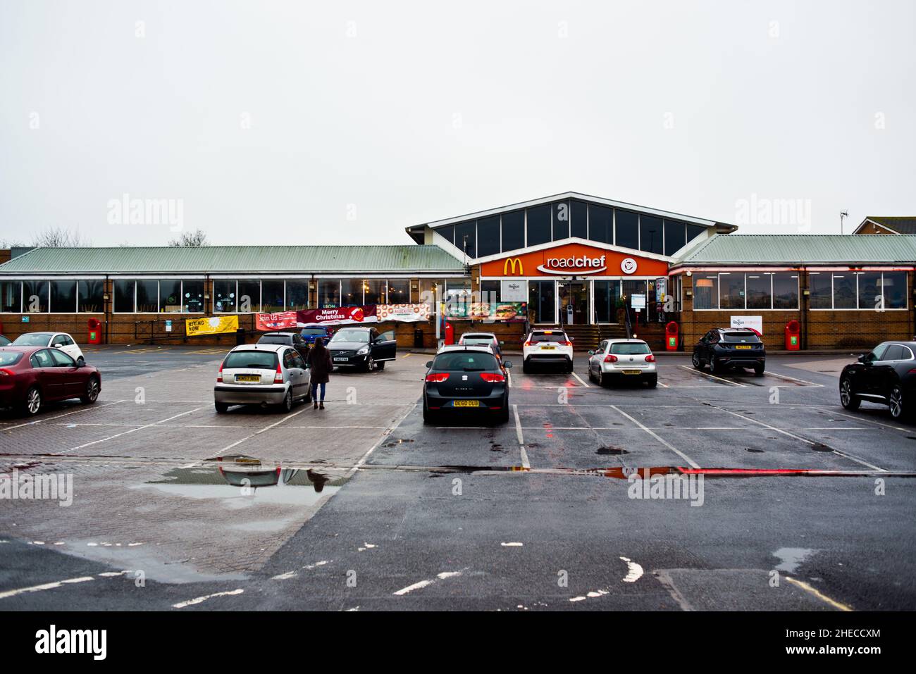 Watford Gap Road Chef Service Station, früher The Blue Boar, wo sich Rock- und Popband aus den sechziger und siebziger Jahren nach Auftritten getroffen haben Stockfoto