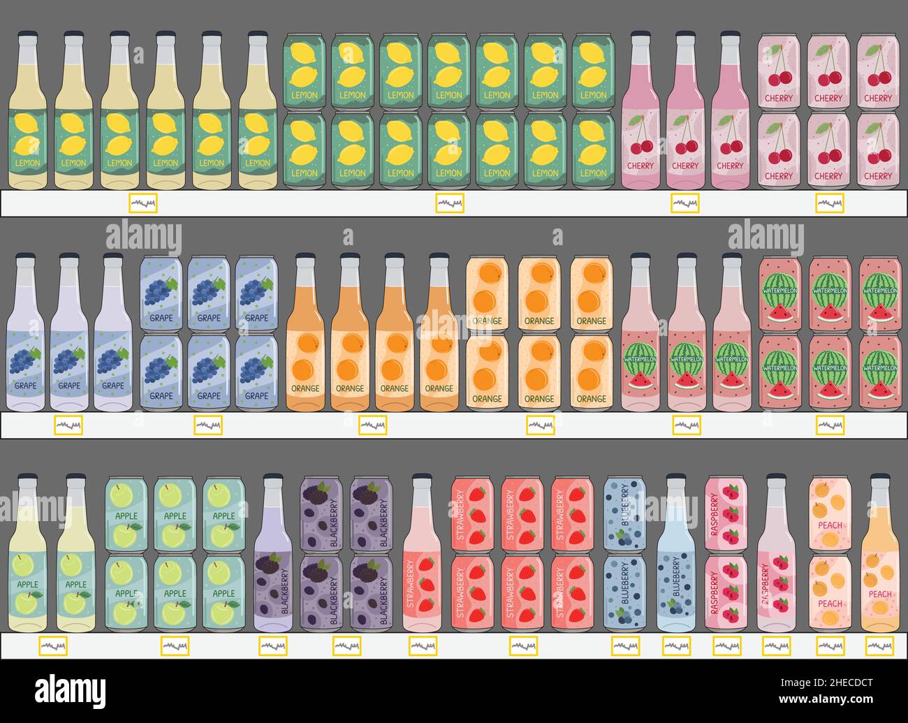 Set von alkoholfreien Getränken in Aluminiumdosen und Glasflaschen mit Limonade und Limonade in den Regalen im Supermarkt. Kohlensäurehaltiges, alkoholfreies Wasser mit Obst und Stock Vektor