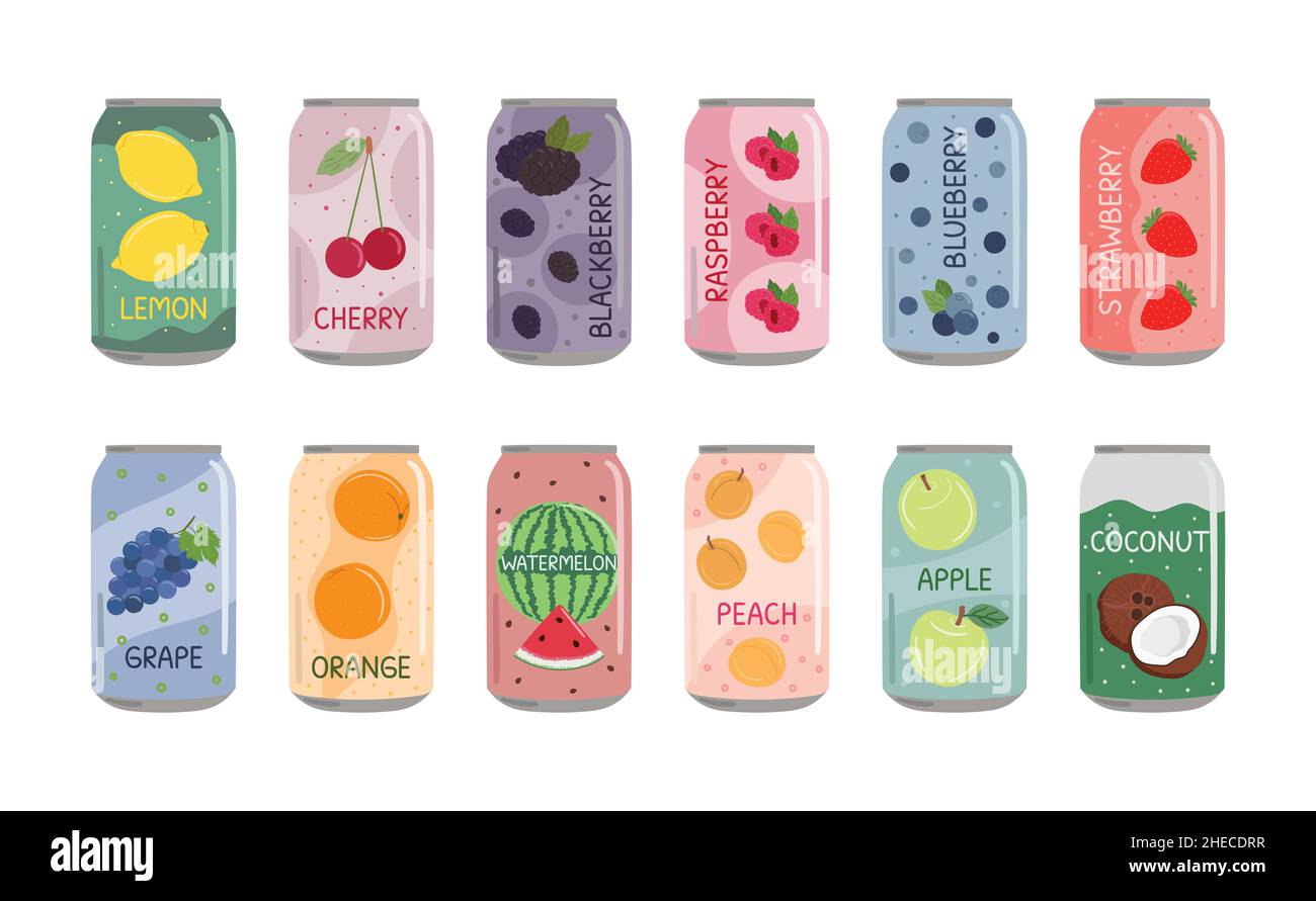 Set aus alkoholfreien Getränken in Aluminiumdosen mit Limonade und Limonade. Kohlensäurehaltiges, alkoholfreies Wasser mit Frucht- und Beerengeschmack. Handgezeichnete Vektorgrafik Stock Vektor