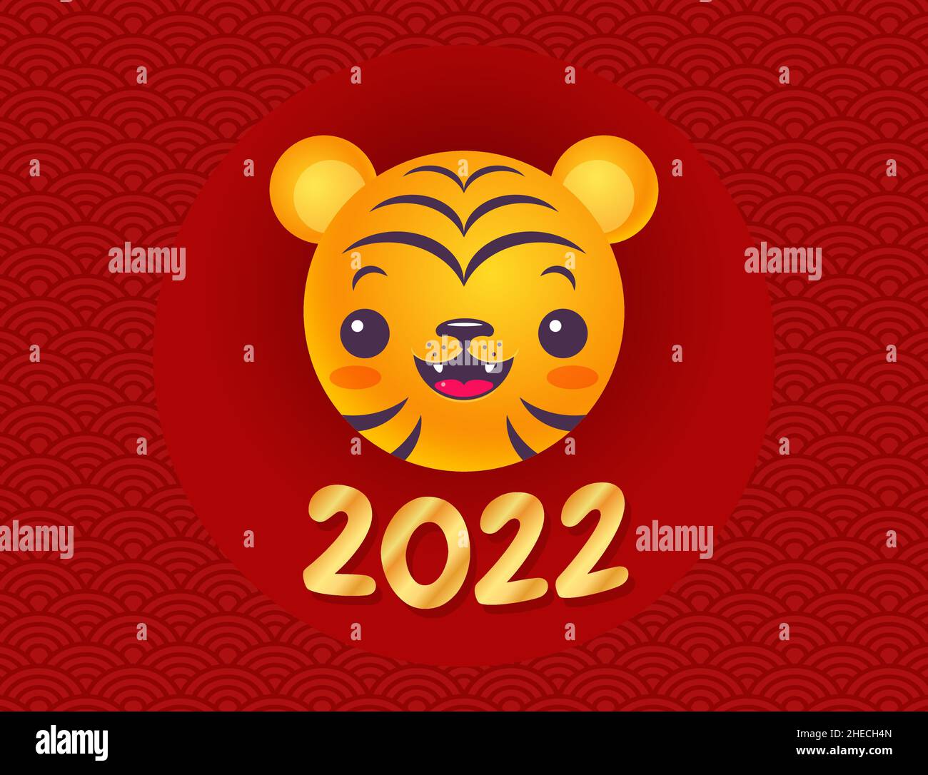 Vektor-Emblem für das neue Jahr 2022 mit Kopf eines Tigers. Vintage-Druck von Kawaii Tiger für 2022 Jahre im asiatischen Stil. Tiger Emoji für das chinesische Neujahr. Stock Vektor