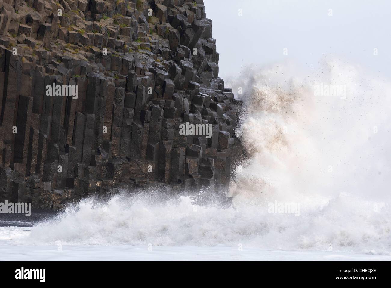 Island, Sudurland Region, Reynisfjara, Wellen auf der Basaltsäule, Sturm Stockfoto