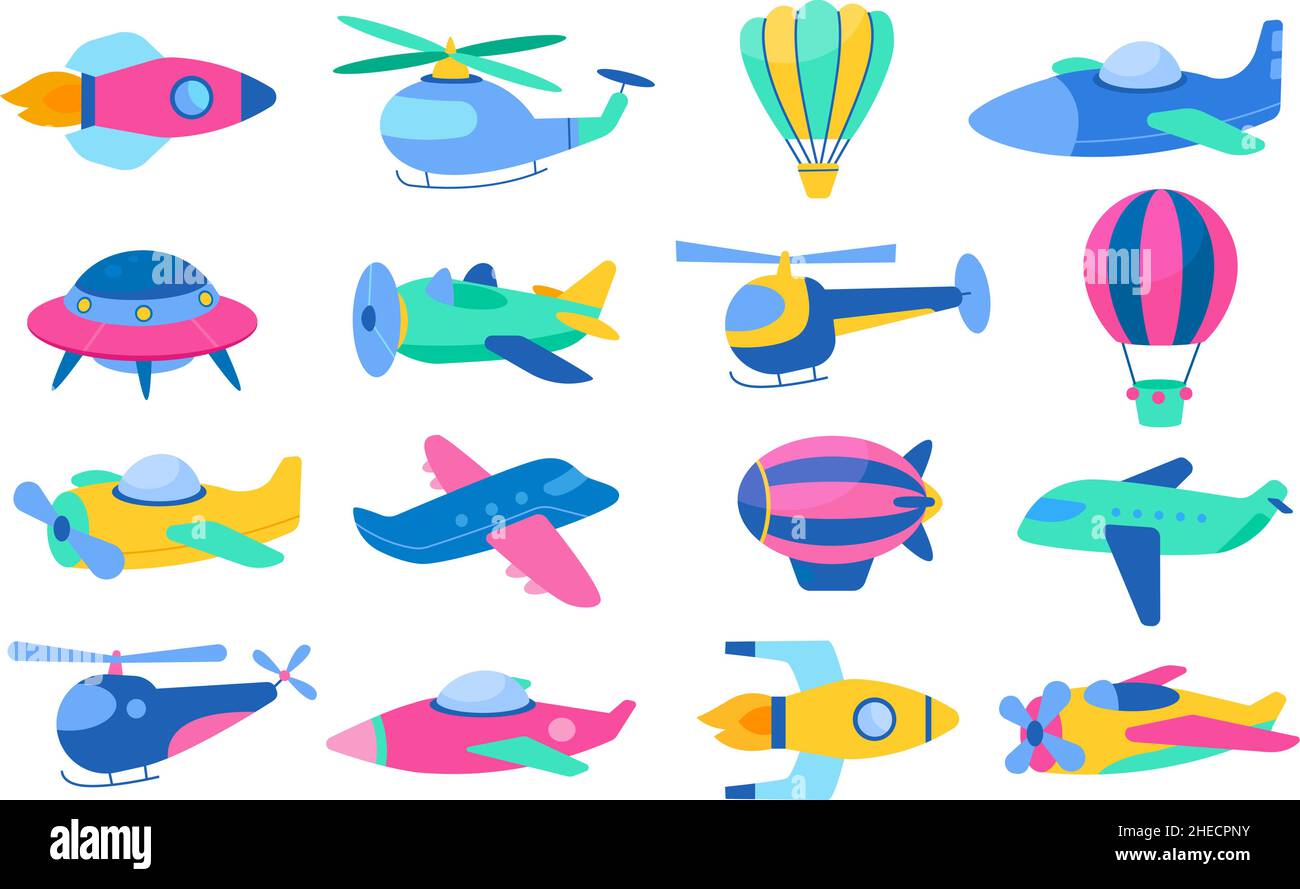 Kinderlufttransport. Kindliche helle Flugzeuge, Luftballons mit Körben, niedliche Farbhubschrauber am Himmel, Cartoon-Babyflieger, fliegende Spielzeuge, Kinderzimmer-Dekor Stock Vektor
