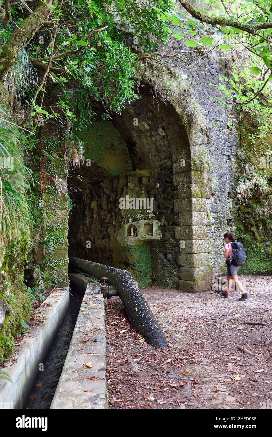 Portugal, Insel Madeira, Wanderung im Wald von Raba?al, Verbindungstunnel zum Calheta-Tal über die Levada da Rocha Vermelha Stockfoto