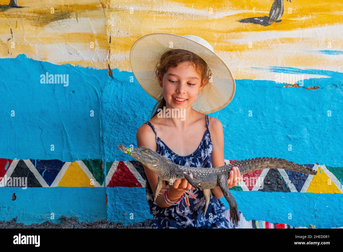 Ägypten, Oberägypten, Niltal, Assuan, Nubisches Dorf, Junges Mädchen mit einem Baby Krokodil Stockfoto
