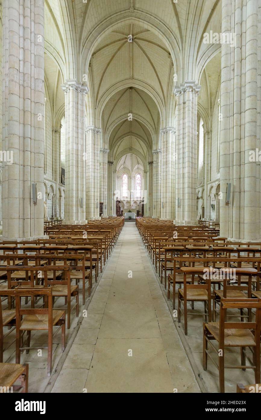 Frankreich, Maine et Loire, Loire-Tal das Le Puy Notre Dame, das von der UNESCO zum Weltkulturerbe erklärt wurde, trägt die Bezeichnung Petite Cite de Caractere, die Stiftskirche Notre Dame aus dem 12th. Und 13th. Jahrhundert im gotischen stil von angevin Plantagenet, das Kirchenschiff Stockfoto