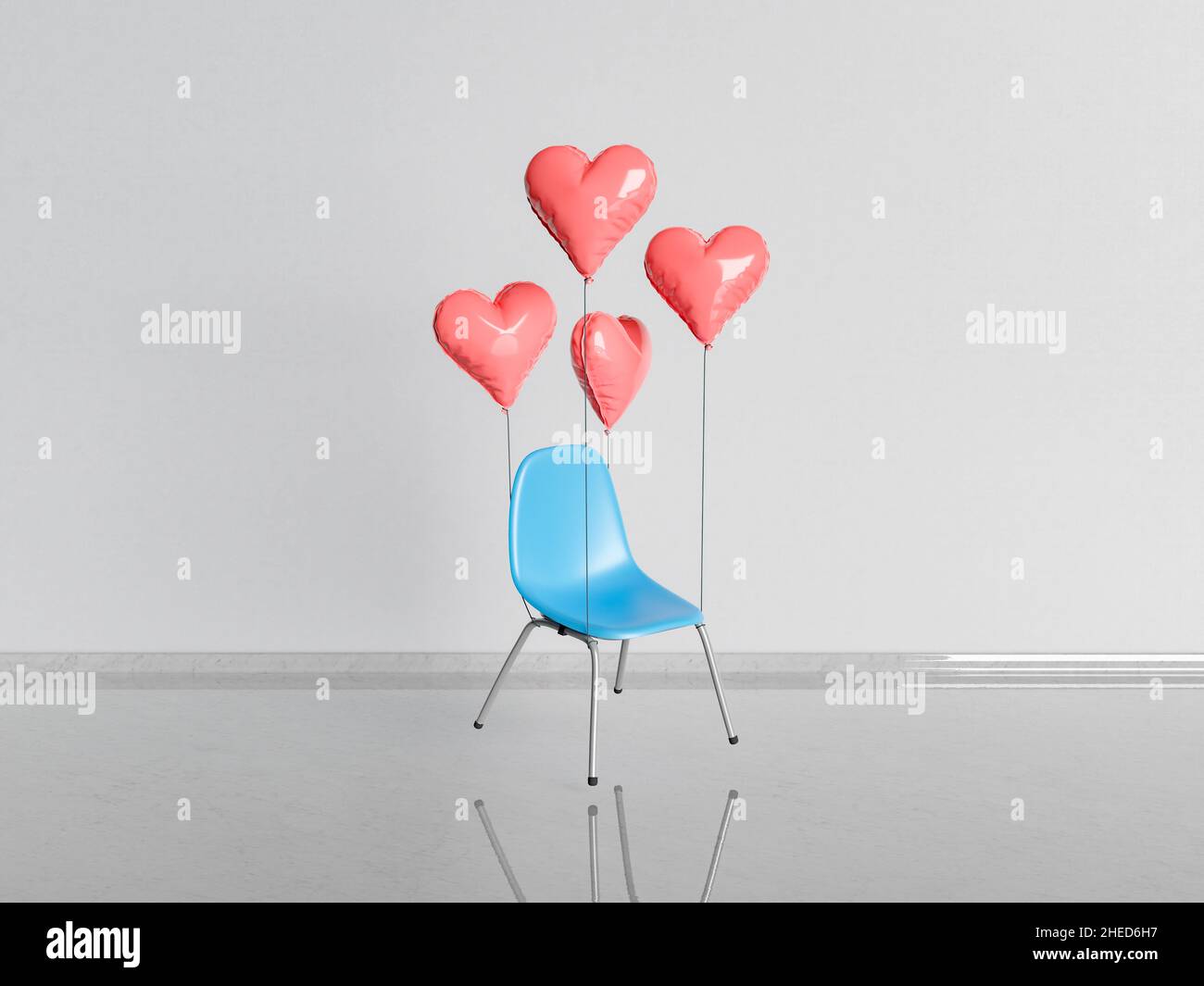 Stuhl schwebt in der Luft mit herzförmigen Ballons in leerem Raum. Minimales Konzept von valentine und warten auf die Liebe. 3D Rendern Stockfoto