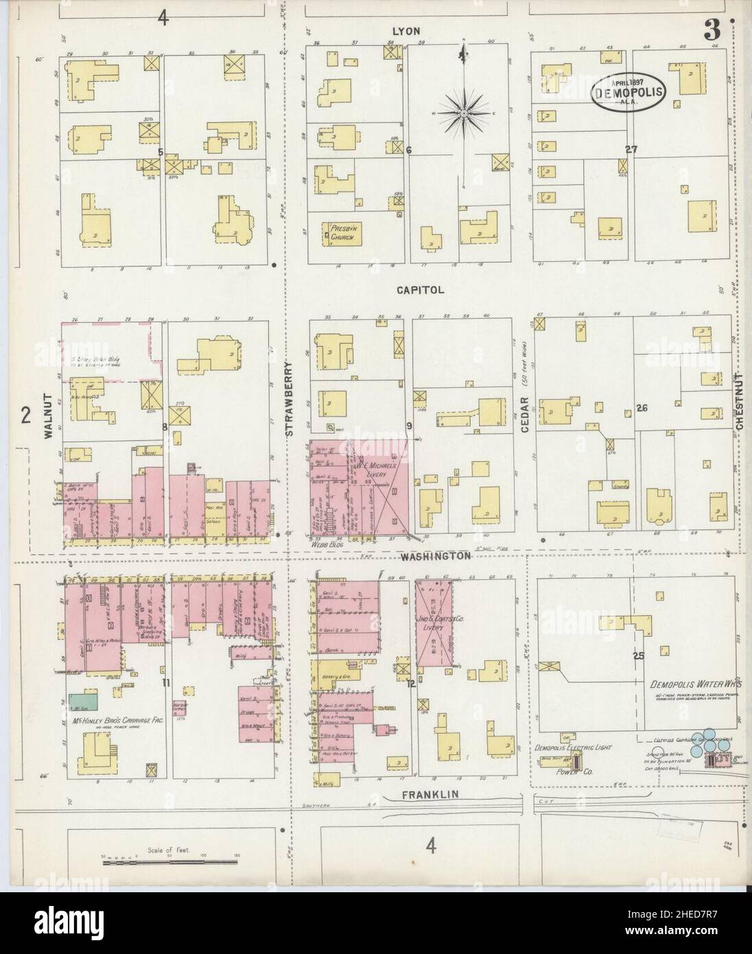 Sanborn Feuerversicherungskarte aus Demopolis, Marengo County, Alabama. Stockfoto