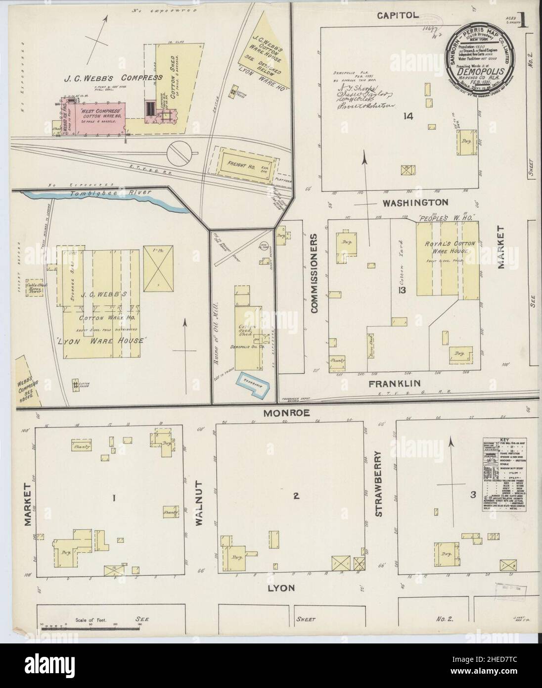 Sanborn Feuerversicherungskarte aus Demopolis, Marengo County, Alabama. Stockfoto
