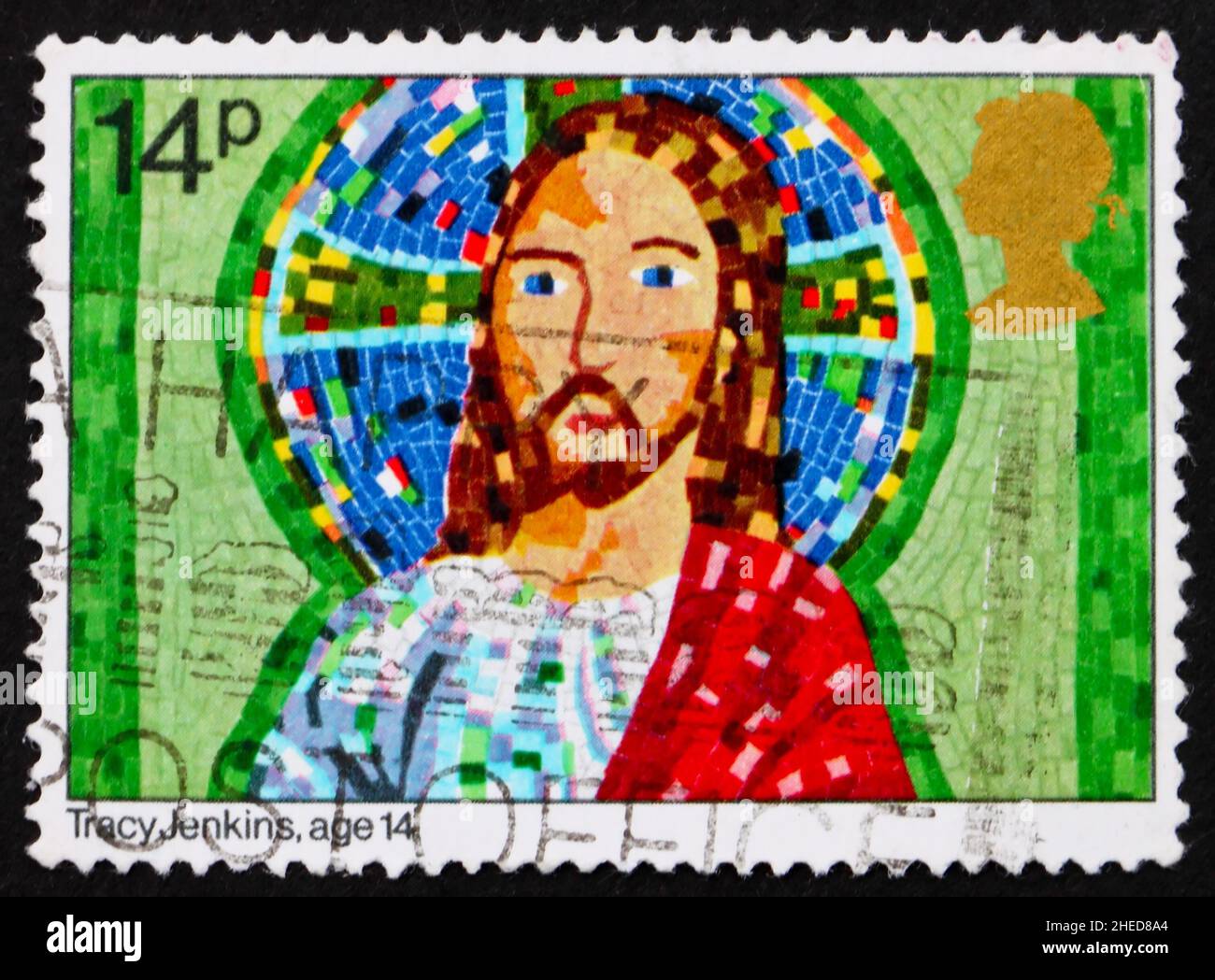 GROSSBRITANNIEN - UM 1981: Eine in Großbritannien gedruckte Briefmarke zeigt Jesus, Zeichnung von Tracy Jenkins, Alter 14, Weihnachten, um 1981 Stockfoto