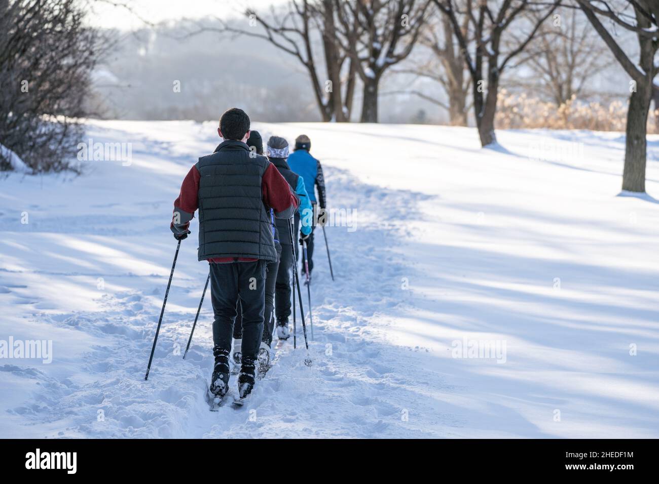 Berks County, Pennsylvania, 17. Dezember 2020: Langläufer auf Loipen nach dem Schneesturm. Stockfoto