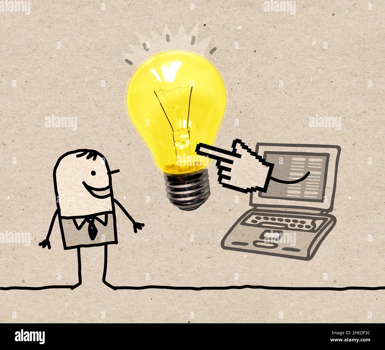 Handgezeichneter Cartoon-Mann mit Laptop und großer Glühbirne Stockfoto