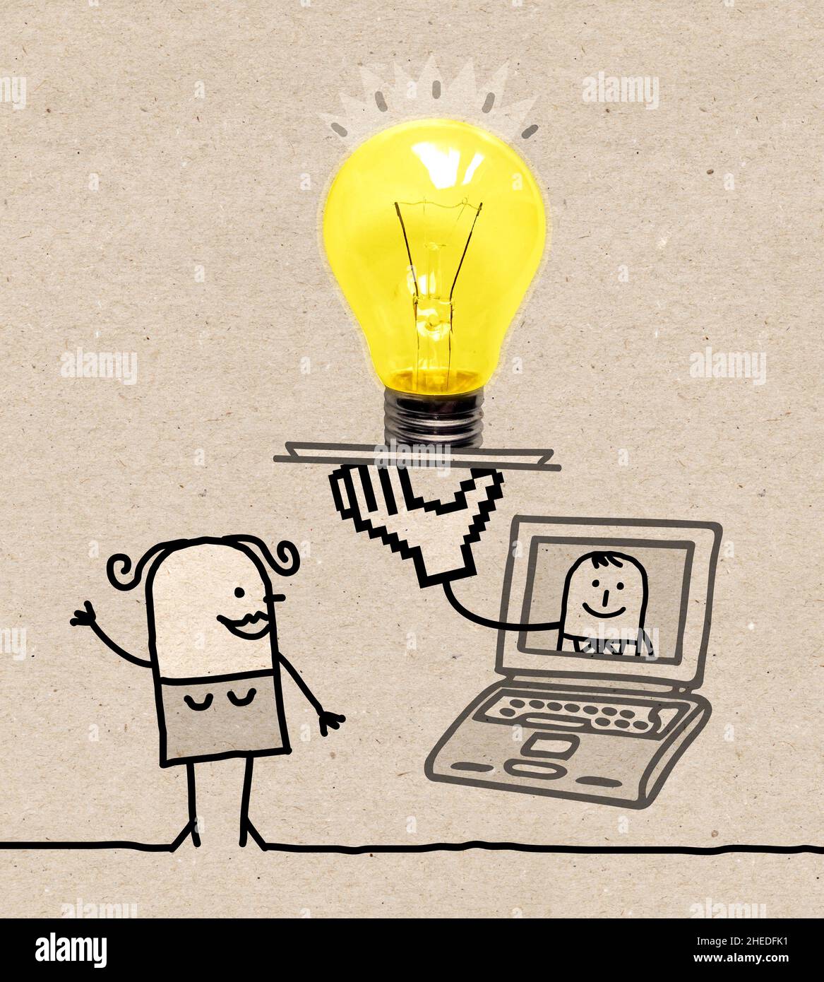 Handgezeichnet Cartoon Frau mit Laptop und große Glühbirne Stockfoto