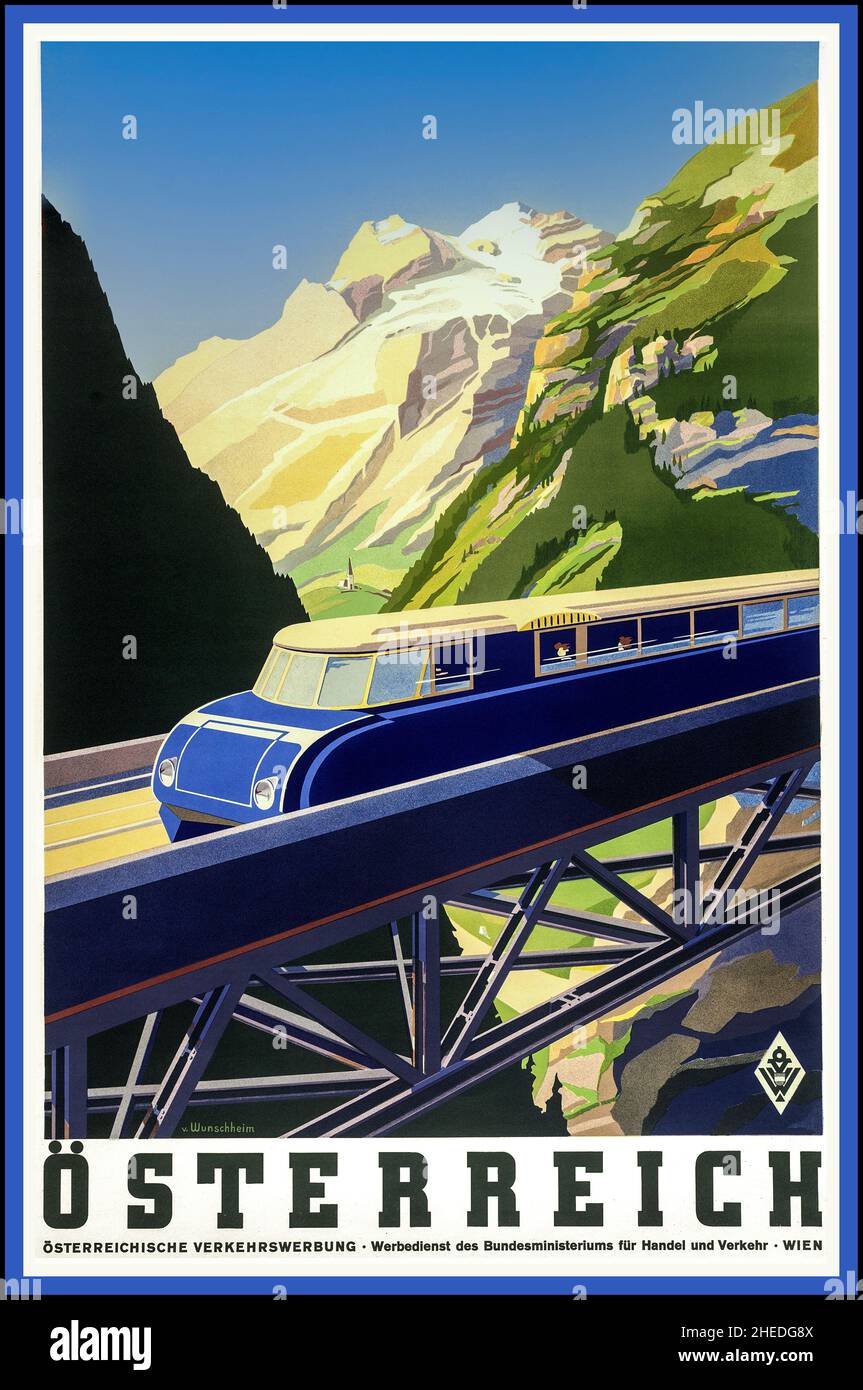 Osterreich AUSTRIA Plakat 1935 des Künstlers Erich von Wunschheim Eisenbahn Zug Vintage Plakat zur Förderung des modernen Schienenverkehrs in Österreich im Jahr 1930s Stockfoto