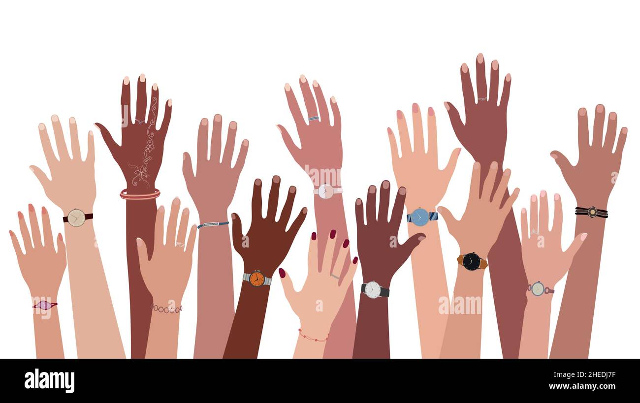 Eine Gruppe von Händen und Armen, die aus multiethnischen und multikulturellen Männern und Frauen mit unterschiedlichen Hautfarben aufgezogen sind. Vielfalt der Menschen. Community-Team Stock Vektor