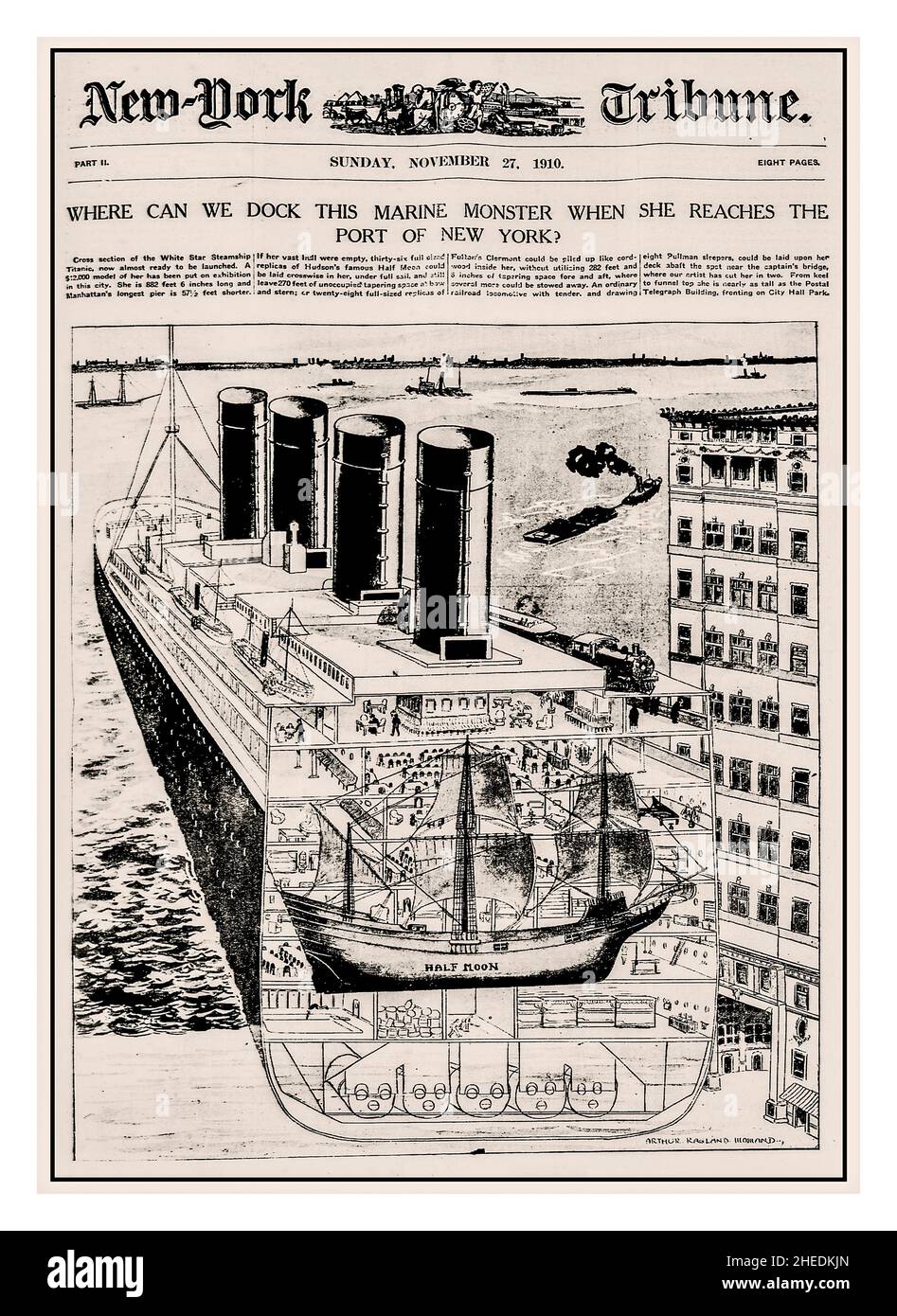 TITANIC 1910 Newspaper Illustration von Cutaway Querschnitt Rumpf und Größenvergleich "wo können wir dieses marine Monster andocken, wenn sie New York erreicht? New York Tribune Nov 27th 1910 Stockfoto