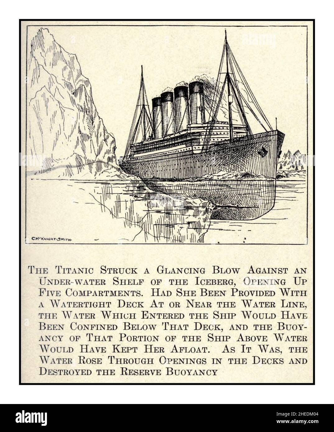 RMS Titanic Sinking Illustration aus 'Unsinkable Titanic' 1900s Vintage Archiv Artists Impression of Titanic plaking the fateful iceberg on the tragic day of its Sinking Stockfoto